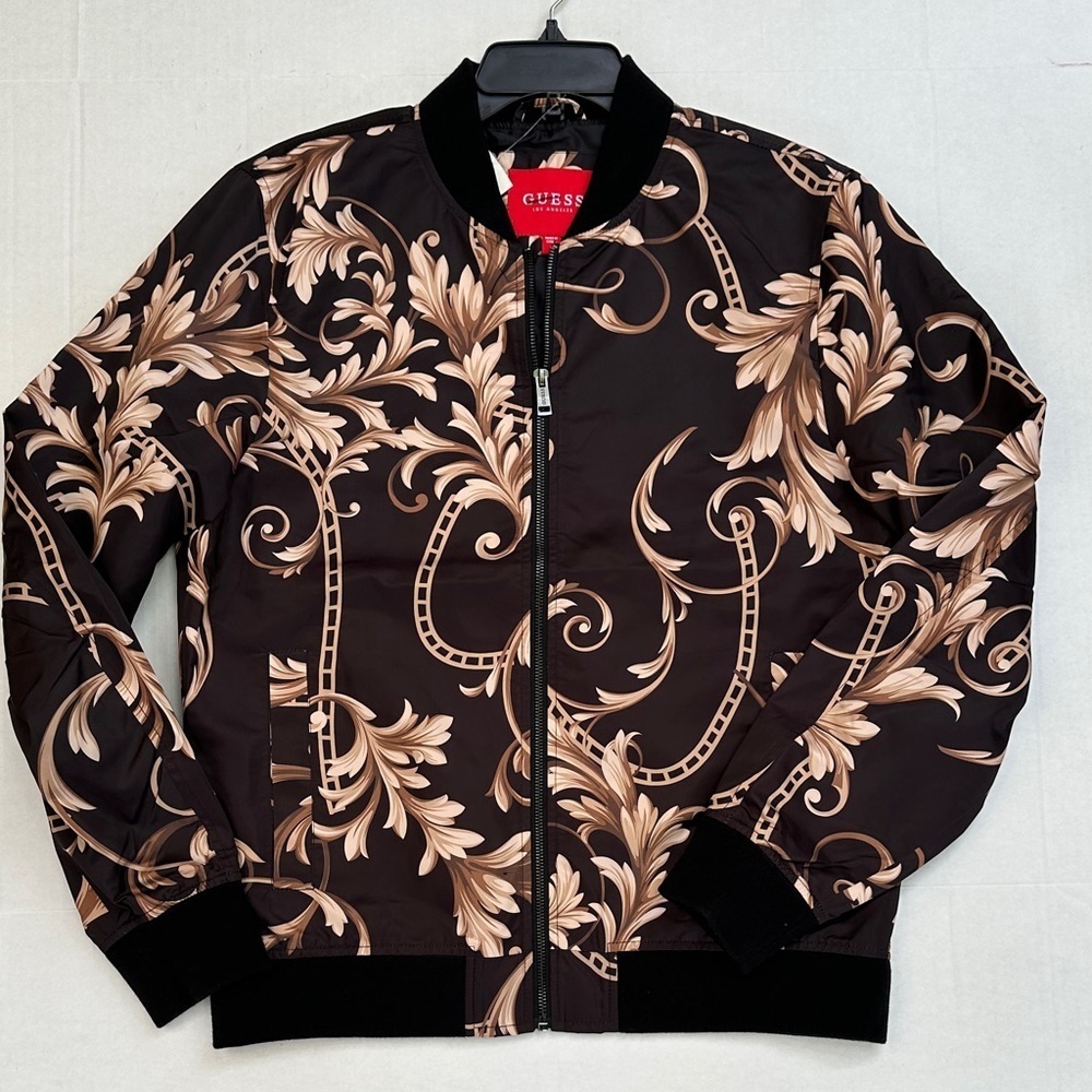 Guess Men's Black and Tan Floral Bomber Jacket